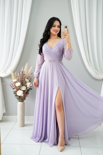 Vestido Lila Lavanda Largo Manga Globo Escote V con Cinturón Lazo Dorado cod.V299
