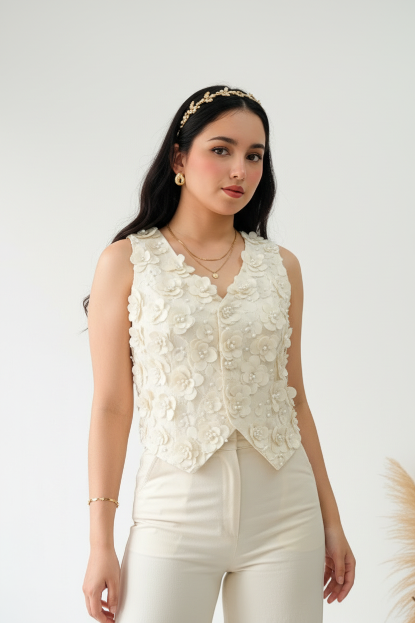 Blusa exclusiva tipo chaleco decorado con perlas y flores cod.11150