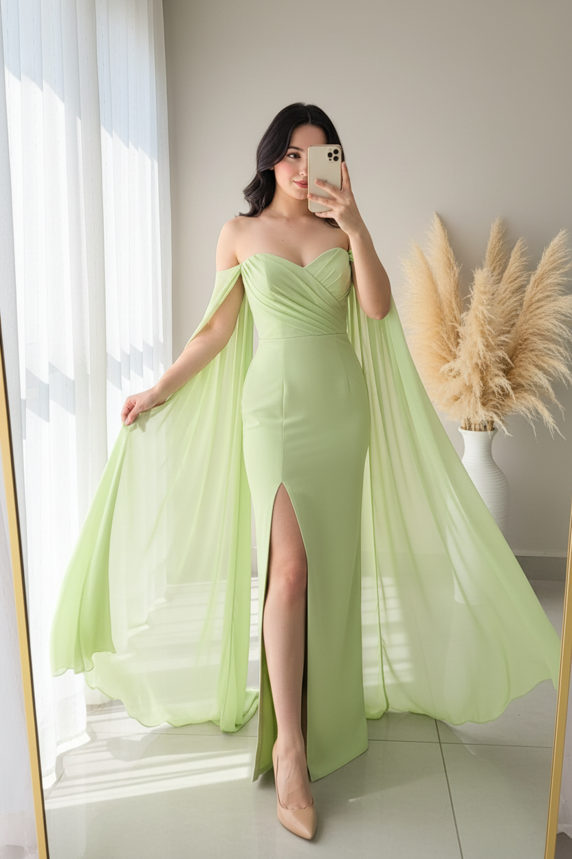 Vestido Verde Menta Off-Shoulder Sirena Capas Abertura cod.00103