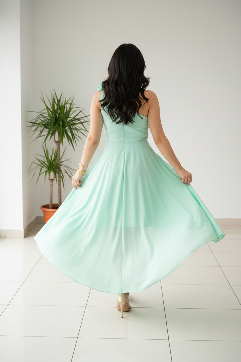 Vestido Verde Menta Un Hombro con Rosa 3D y Falda High-Low Chifón cod.454