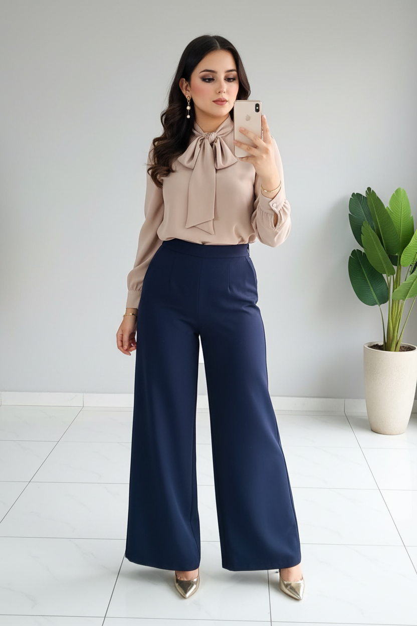 Conjunto Champagne Bow & Navy Palazzo cod.570
