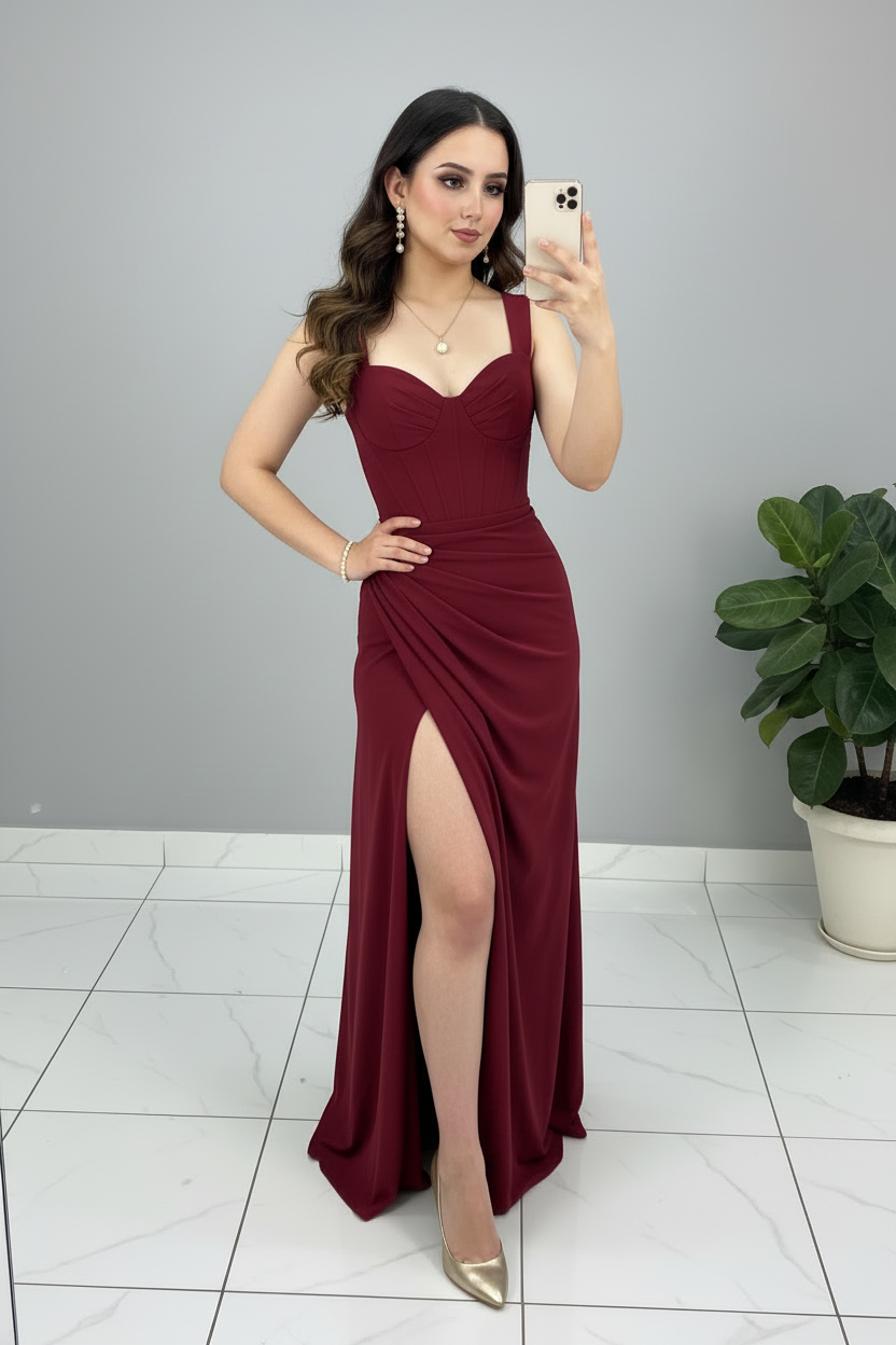 Vestido Vino Burdeos Escote Corazón Tirantes Anchos Drapeado y Abertura Alta cod.761
