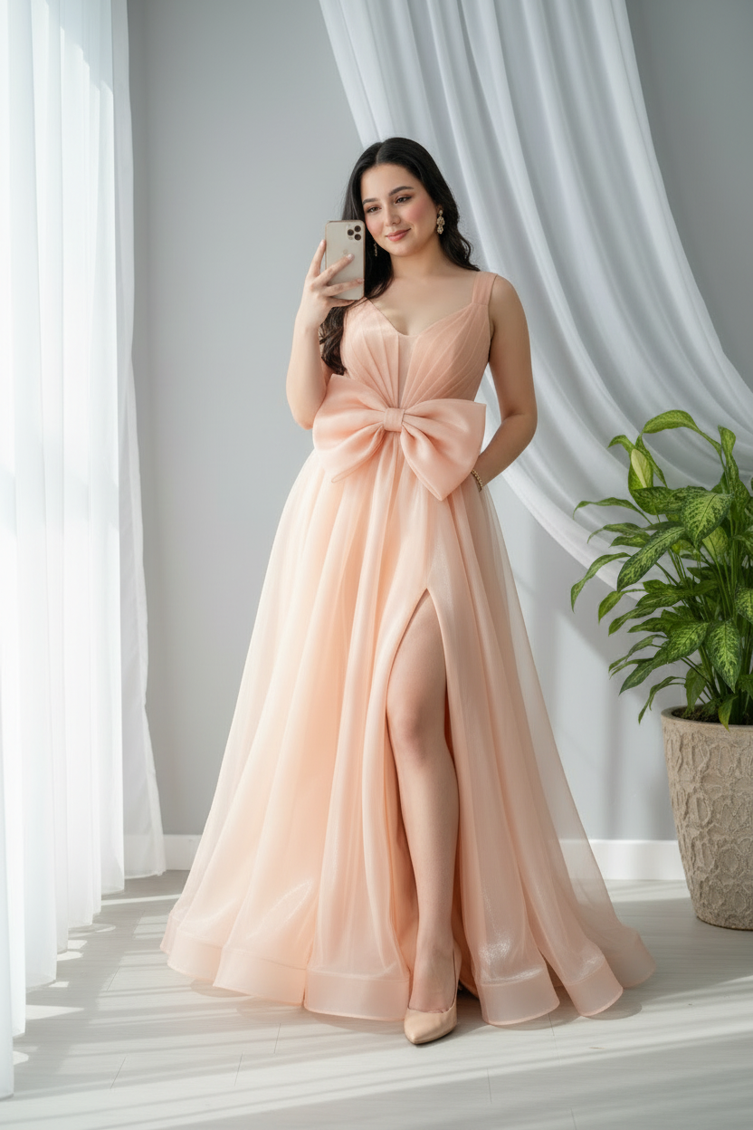 Vestido Melocotón Organza Maxi con Lazo Oversized y Abertura Frontal cod.984