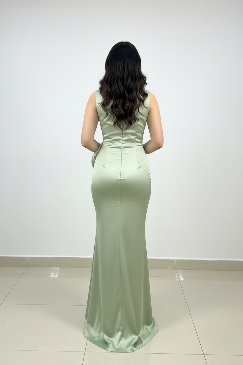 Vestido de Gala Verde Menta con Rosa y Drapeado - Elegante Largo Sirena cod.338