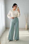 Conjunto Verde Menta Blusa Chiffon Flores 3D y Palazzo cod.C379