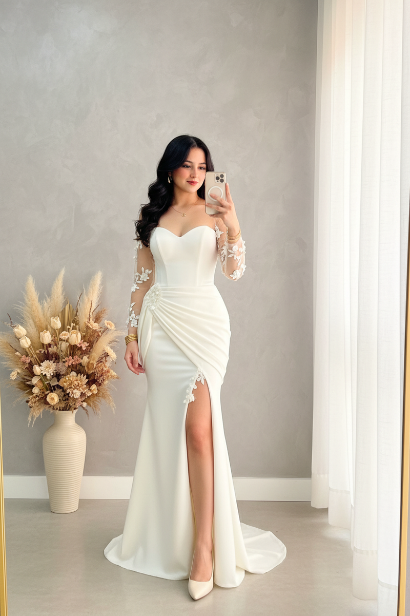Vestido Blanco Sirena Manga Tul Flores 3D Abertura cod.V389