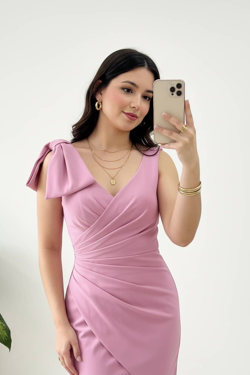 Vestido Rosa Lila Midi Escote V con Manga Mariposa y Falda Tulipán cod.453