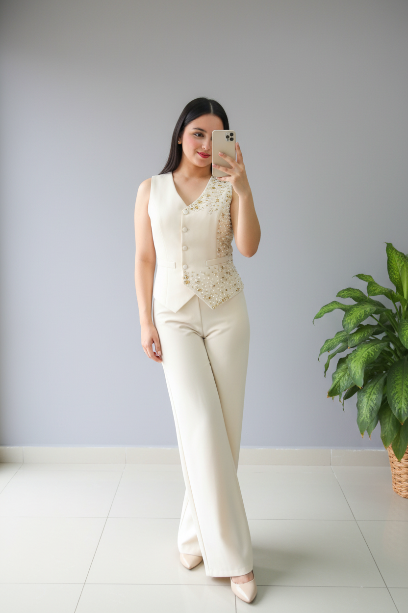 Conjunto Crema Chaleco Bordado y Pantalón cod.633
