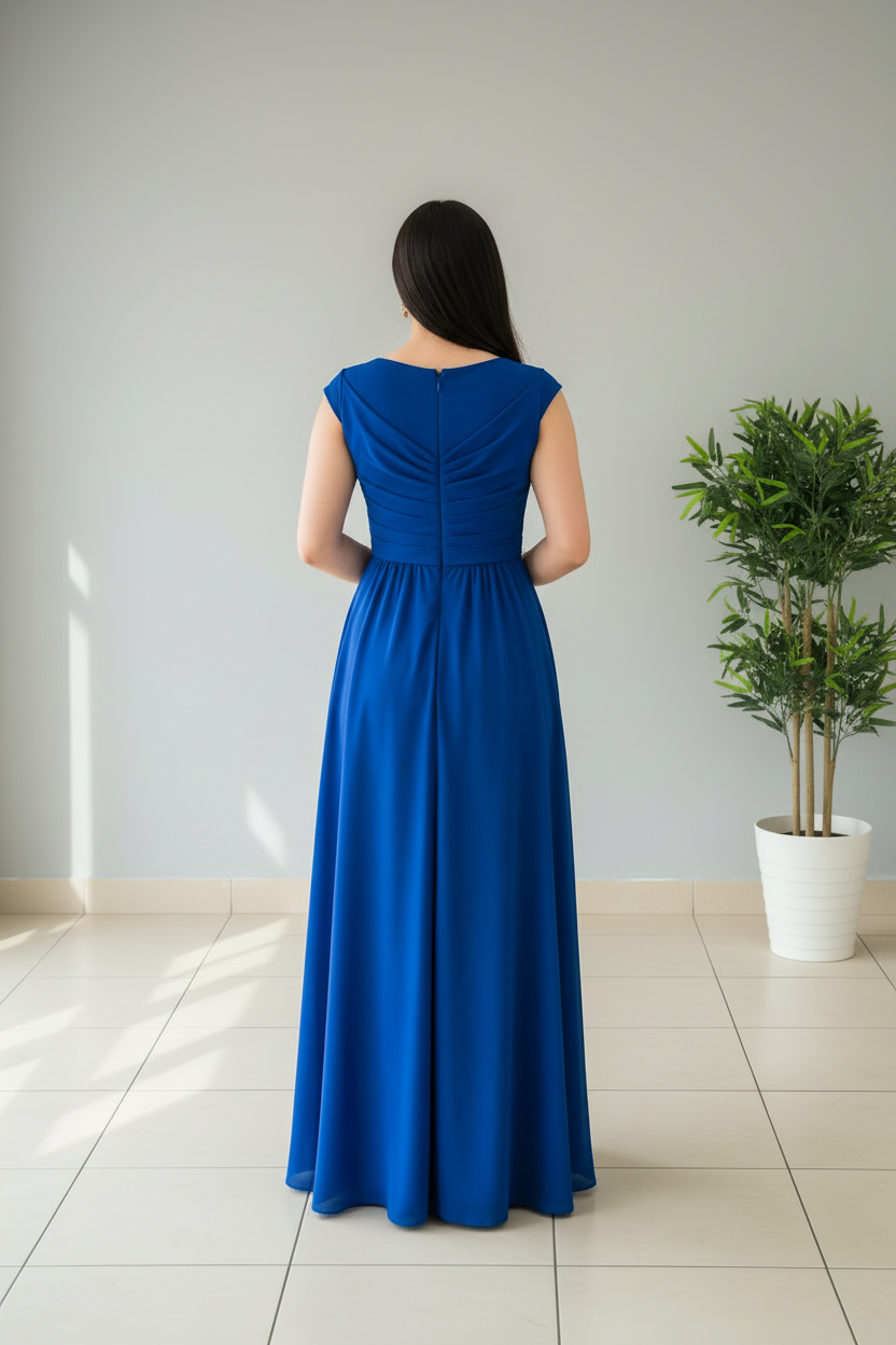 Vestido Azul Royal con Escote V Cruzado, Rosa 3D y Abertura Lateral cod.375