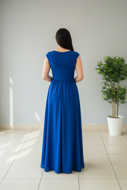 Vestido Azul Royal con Escote V Cruzado, Rosa 3D y Abertura Lateral cod.375