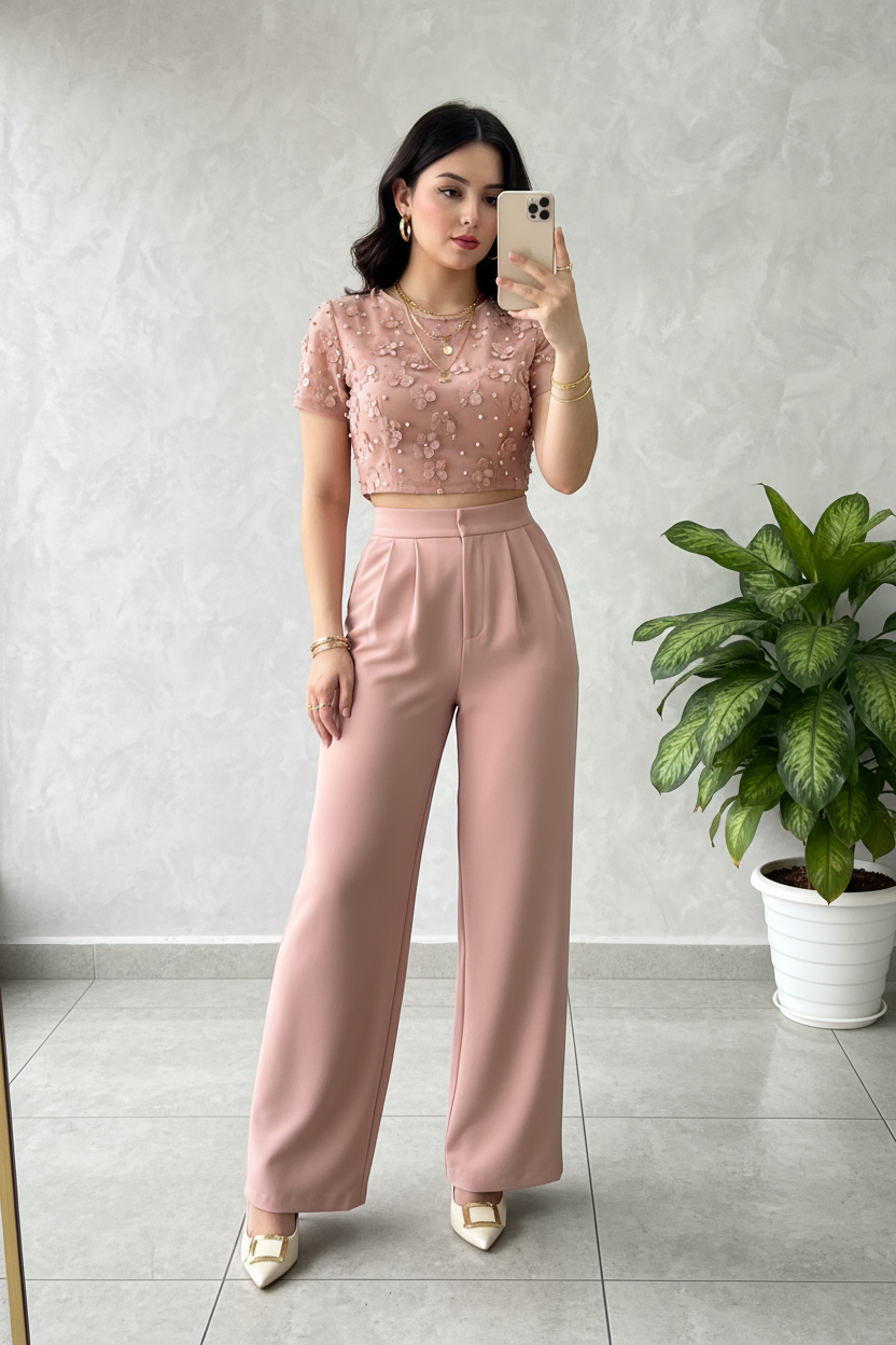 Conjunto Premium nude Pink : Top Crop con Flores 3D y Perlas + Pantalón Pierna Ancha cod.312