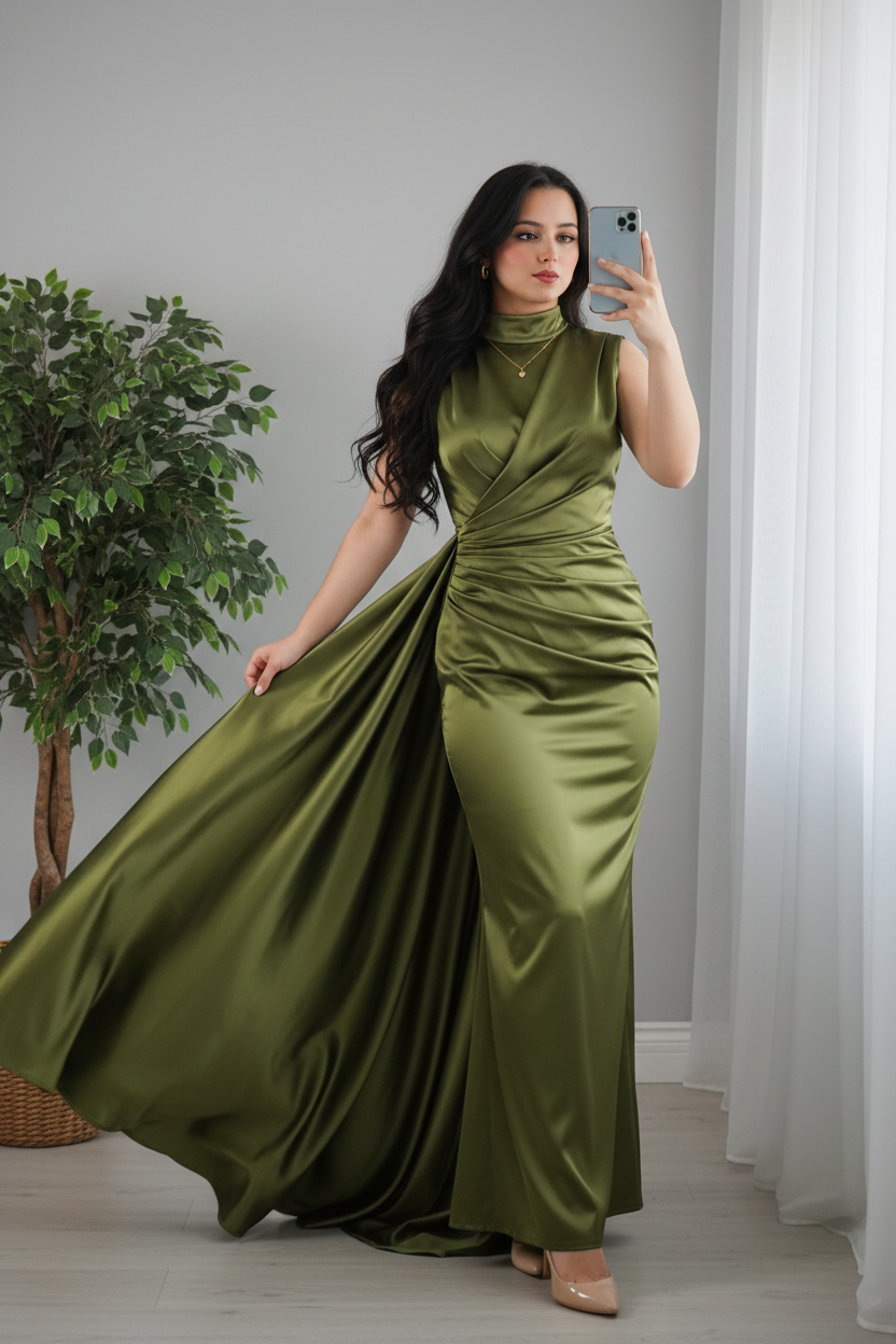 Vestido Verde Militar Satinado — Cuello Alto Drapeado con Capa Voluminosa cod.0051