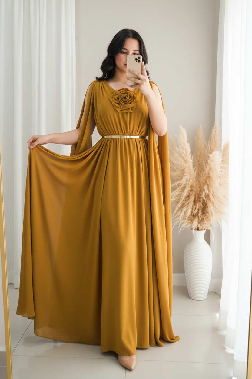 Vestido Mostaza Chiffon Mangas Abiertas Rosa D cod.0096