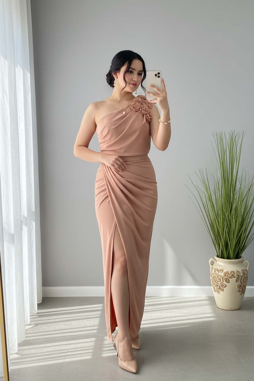Vestido Nude Rosa Palo Un Hombro Rosas 3D con Abertura Frontal cod.818