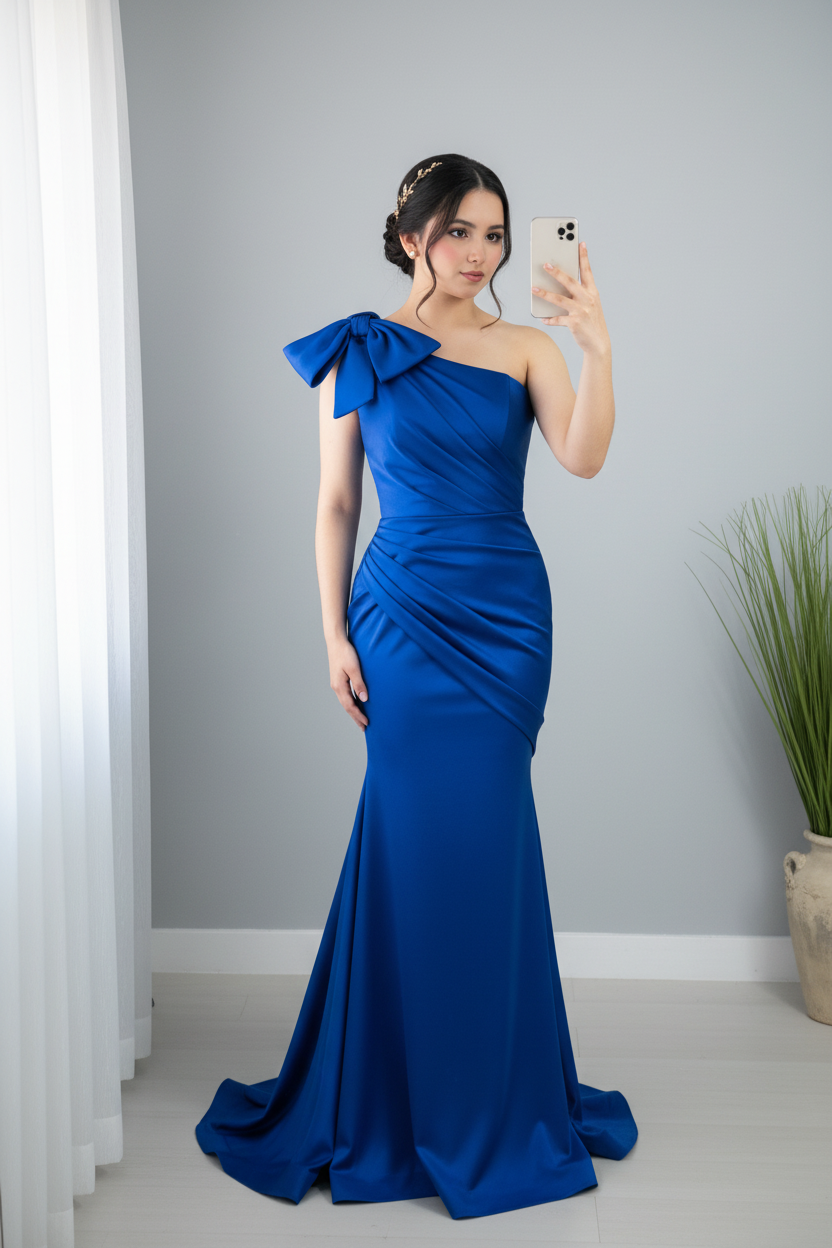 Vestido Azul Rey Un Hombro Lazo cod.0014