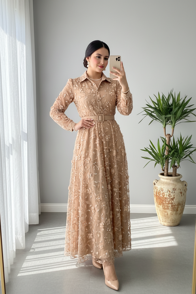 Vestido Camel Dorado Floral Bordado Tul Manga Larga Cuello Camisero A-Line cod.824