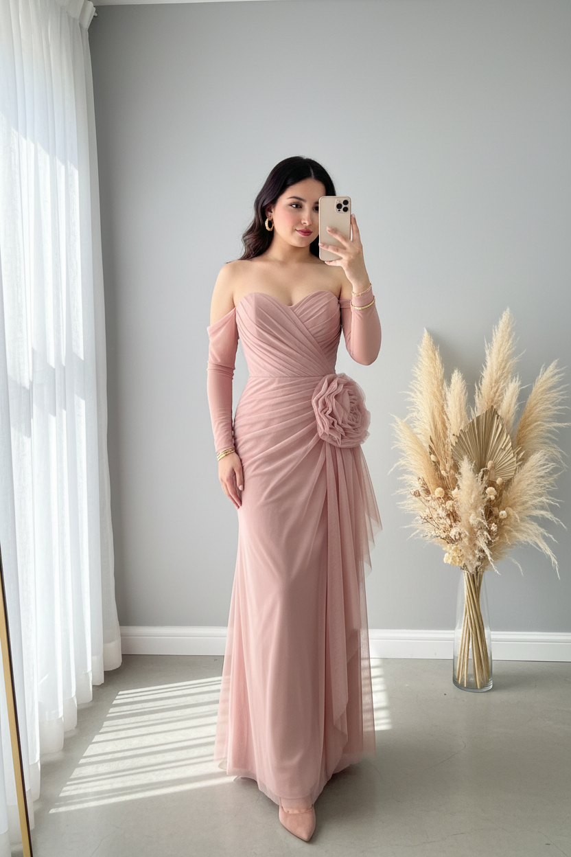 Vestido Rosa Palo Off-Shoulder con Rosa D V362