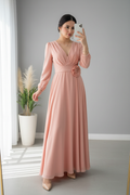 Vestido Rosa Palo — Escote V, Rosa 3D & Falda Maxi cod.865