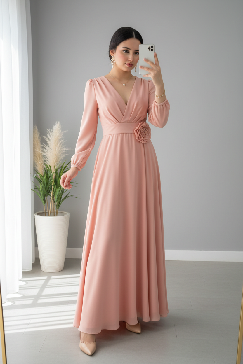 Vestido Rosa Palo — Escote V, Rosa 3D & Falda Maxi cod.865
