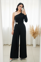 Enterizo Negro One-Shoulder Palazzo Hebilla Cristales Cierre Invisible cod.00105