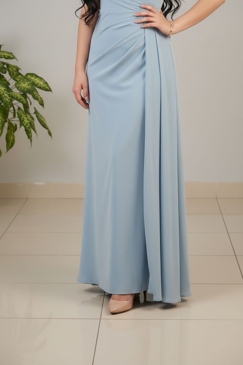 Vestido Largo Azul Cielo Sin Mangas Escote V Cruzado con Rosa 3D y Falda Drapeada cod.476