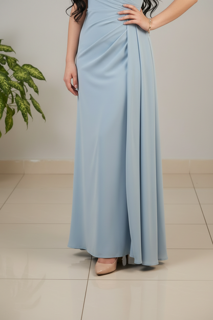 Vestido Largo Azul Cielo Sin Mangas Escote V Cruzado con Rosa 3D y Falda Drapeada cod.476