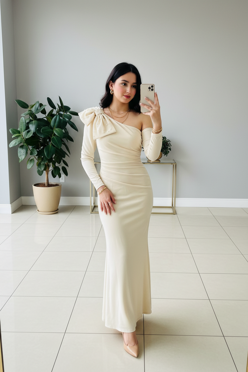 Vestido Elegante Crema con Moño One Shoulder - Manga Larga Sirena Largo cod.360