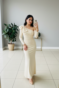 Vestido Elegante Crema con Moño One Shoulder - Manga Larga Sirena Largo cod.360