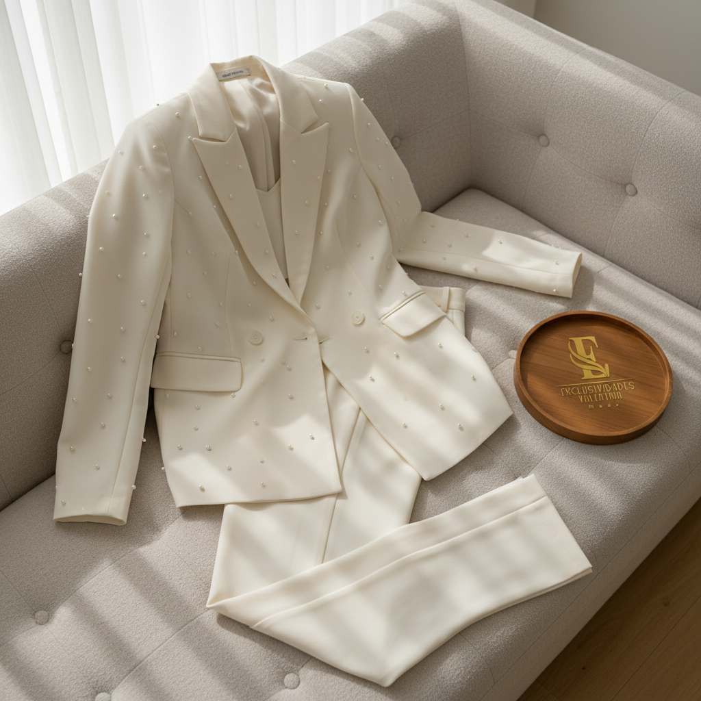 Conjunto Ivory: Blazer con Perlas Dispersas y Pantalón Recto  cod.413