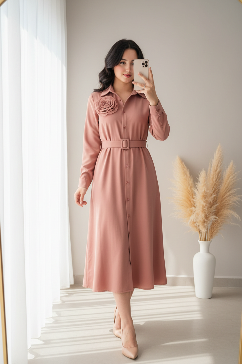 Vestido Camisero Rosa con Rosa D cod.0085