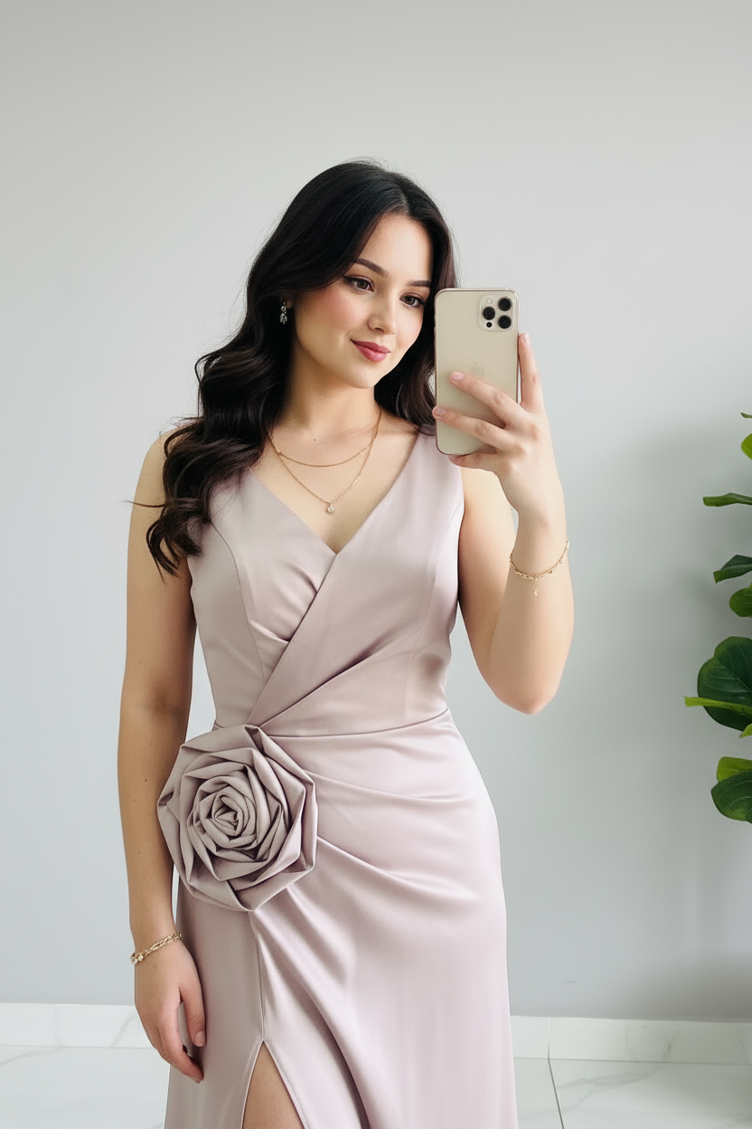 Vestido Rosa Palo con Rosa 3D y Abertura cod.403