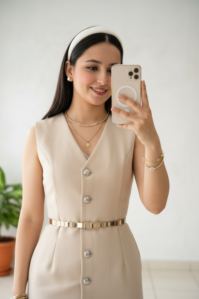 Vestido Beige Chaleco Escote V con Botonadura Plateada. Cod.458