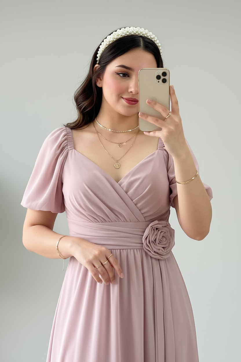 Vestido Largo Rosa Palo con Mangas Mariposa cod.404