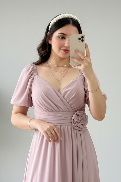 Vestido Largo Rosa Palo con Mangas Mariposa cod.404