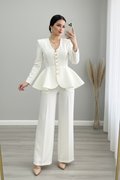 Conjunto Dos Piezas Blanco Perla — Blazer Peplum Botones Dorados & Pantalón Palazzo cod.902