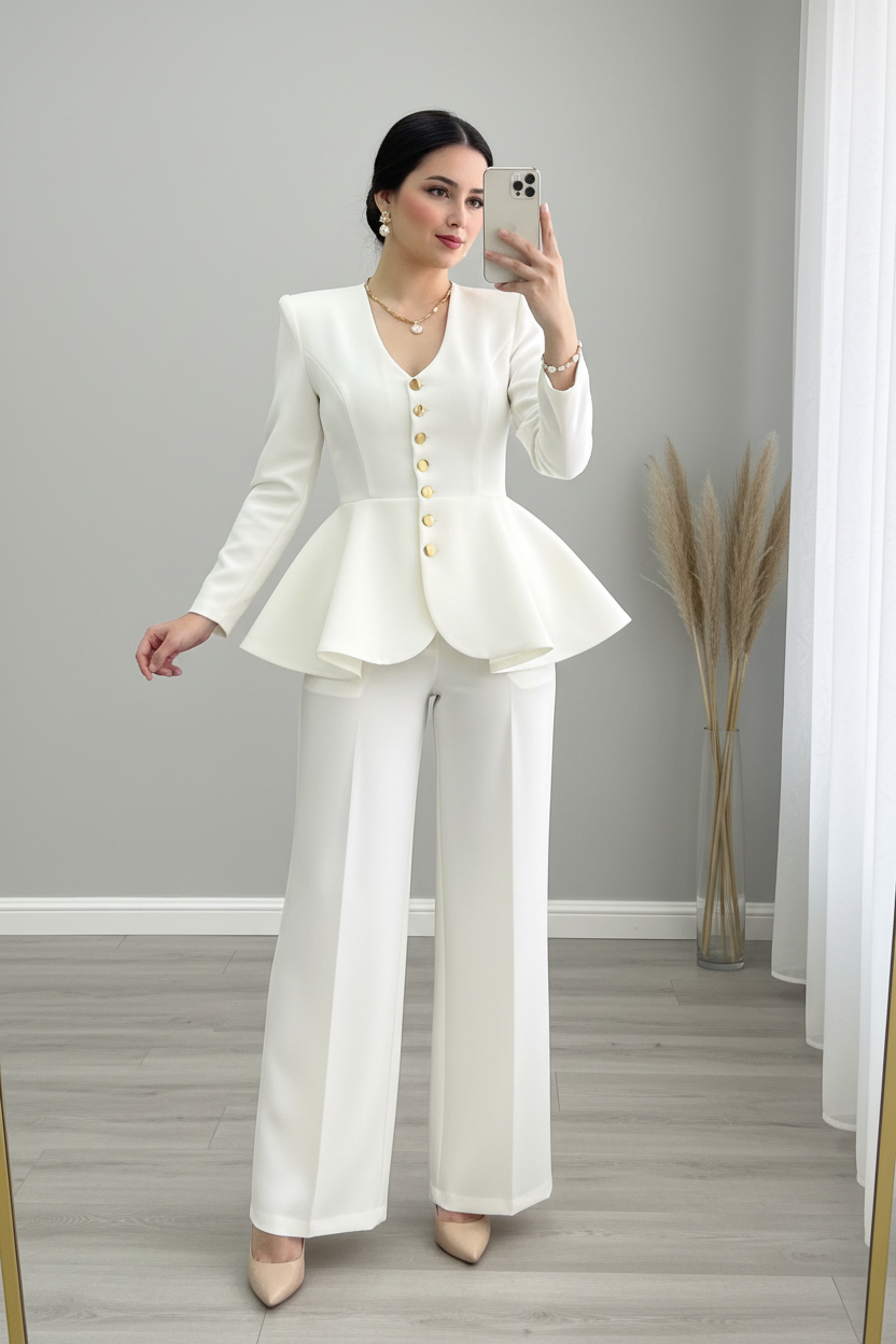 Conjunto Dos Piezas Blanco Perla — Blazer Peplum Botones Dorados & Pantalón Palazzo cod.902