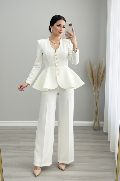 Conjunto Dos Piezas Blanco Perla — Blazer Peplum Botones Dorados & Pantalón Palazzo cod.902
