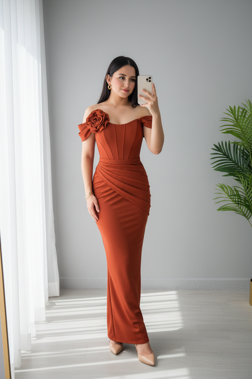 Vestido Terracota Off-Shoulder Corset Rosa 3D y Falda Sirena Drapeada cod.766