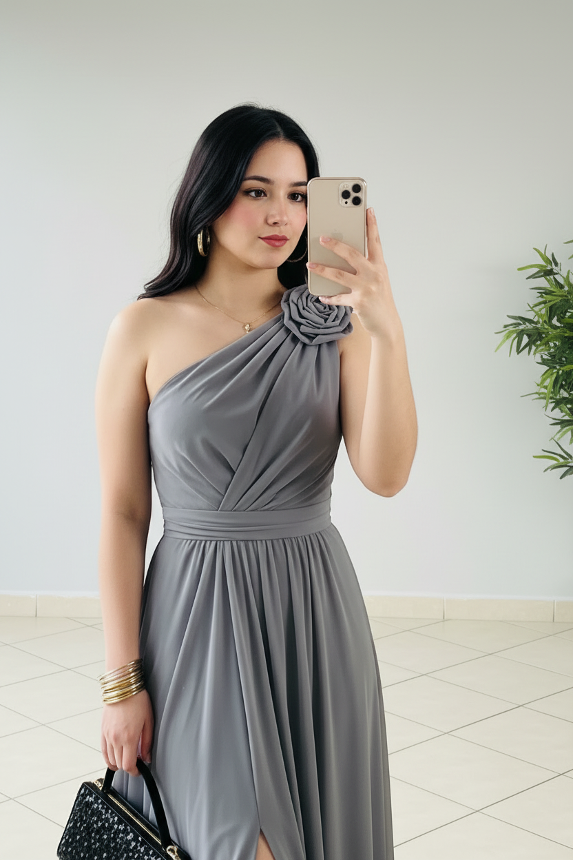 Vestido Gris Acero Un Hombro con Rosa 3D y Abertura Frontal cod.443