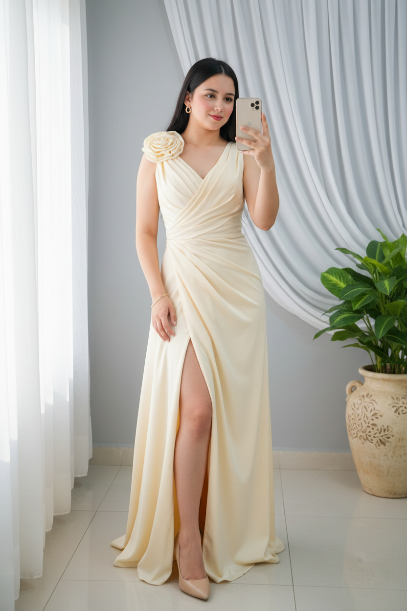 Vestido Amarillo Mantequilla Sin Mangas Cruzado con Rosa 3D y Abertura Maxi cod.986