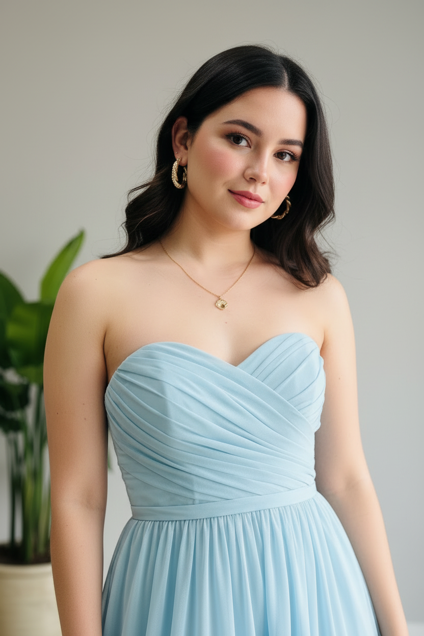 Vestido de Gala Azul Celeste Strapless con Volantes en Capas - Elegante Largo cod.355