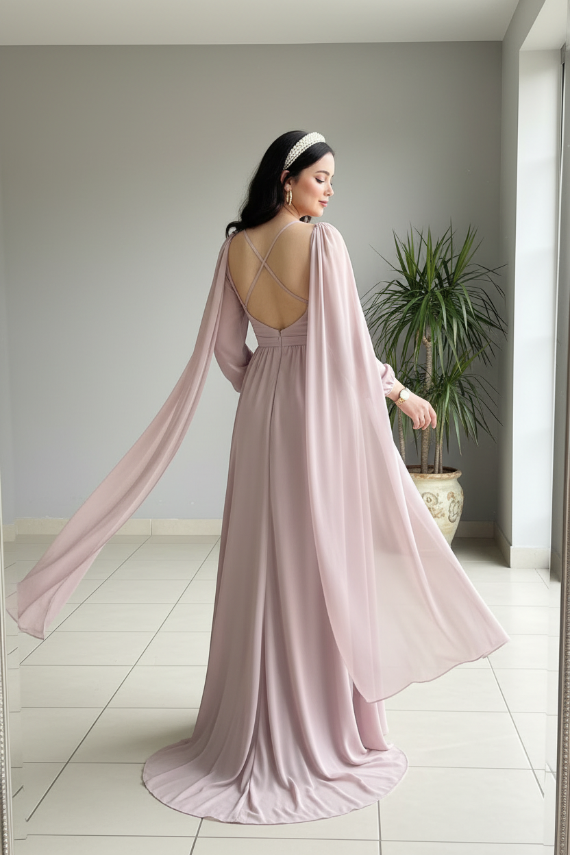 Vestido Rosa Blush con Mangas Ángel cod.405