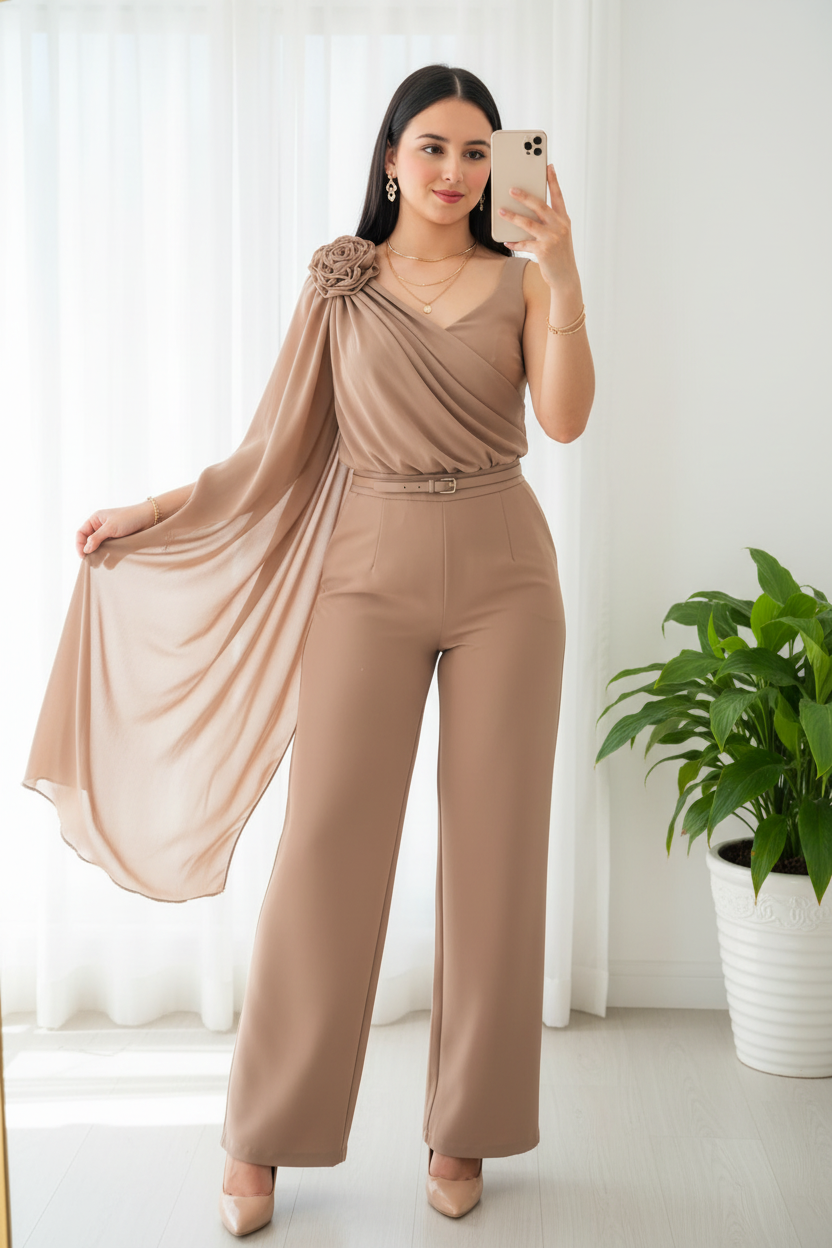 Conjunto Camel Top Drapeado con Gasa y Pantalón Palazzo cod.C279