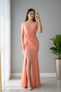 Vestido Coral Salmón Sin Mangas con Rosa 3D y Panel de Gasa cod.973