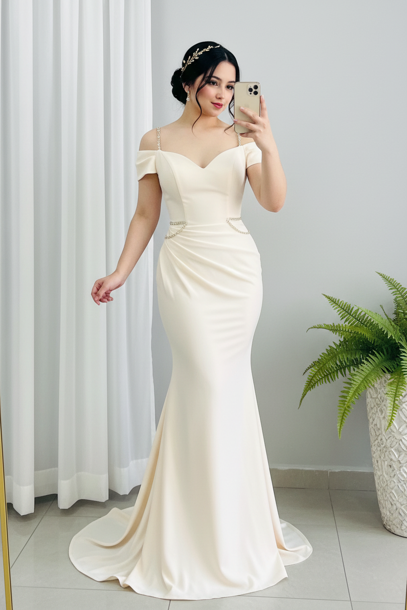 Vestido Marfil Sirena Off-Shoulder con Tirantes y Cadenas de Perlas cod.0070