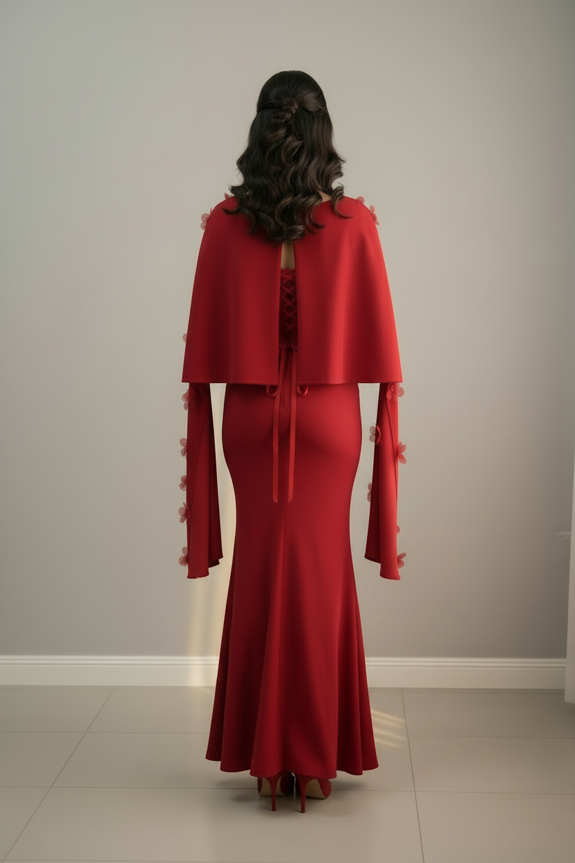 Vestido Largo Rojo Sirena Escote Bote Capa Drapeada  cod.V1002