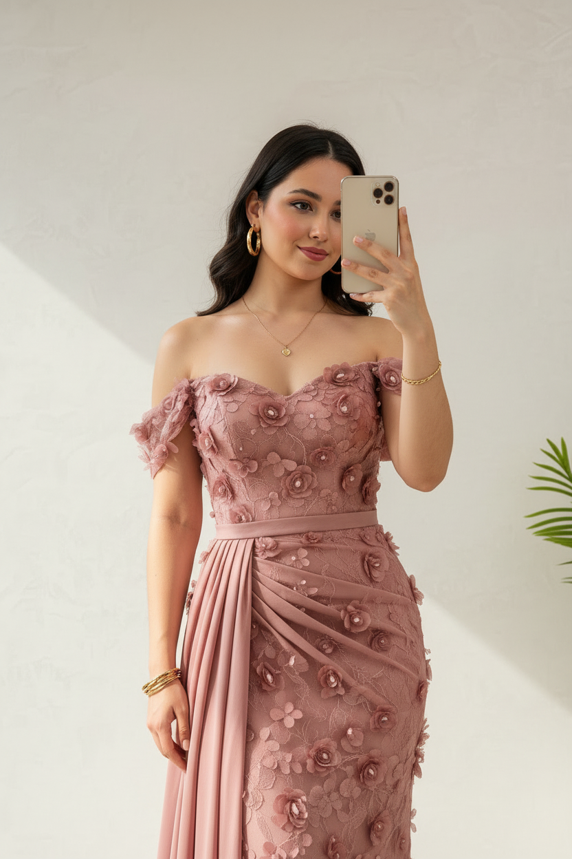 Vestido Rosa Palo Off-Shoulder con Apliques Florales 3D y Capa Drapeada cod.451