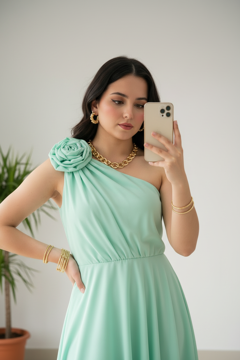 Vestido Verde Menta Un Hombro con Rosa 3D y Falda High-Low Chifón cod.454