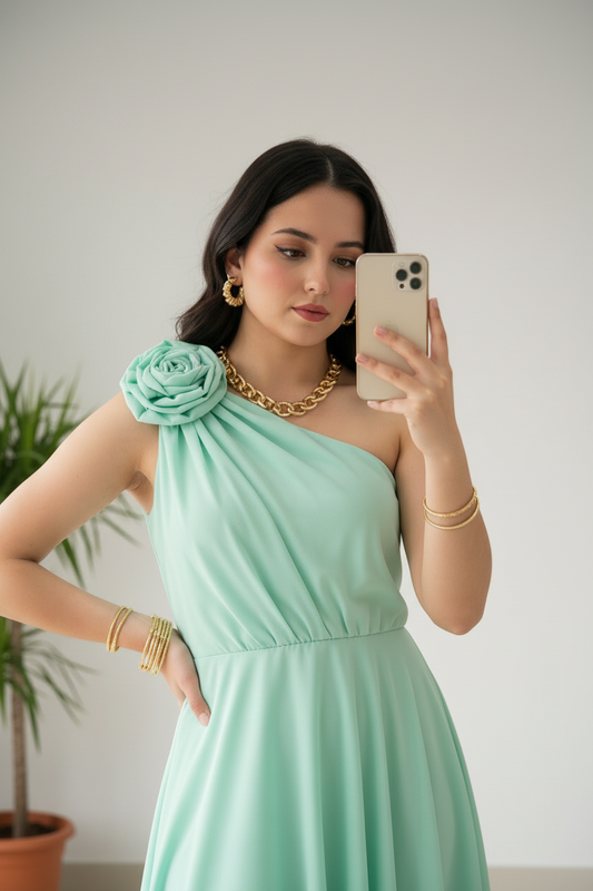 Vestido Verde Menta Un Hombro con Rosa 3D y Falda High-Low Chifón cod.454