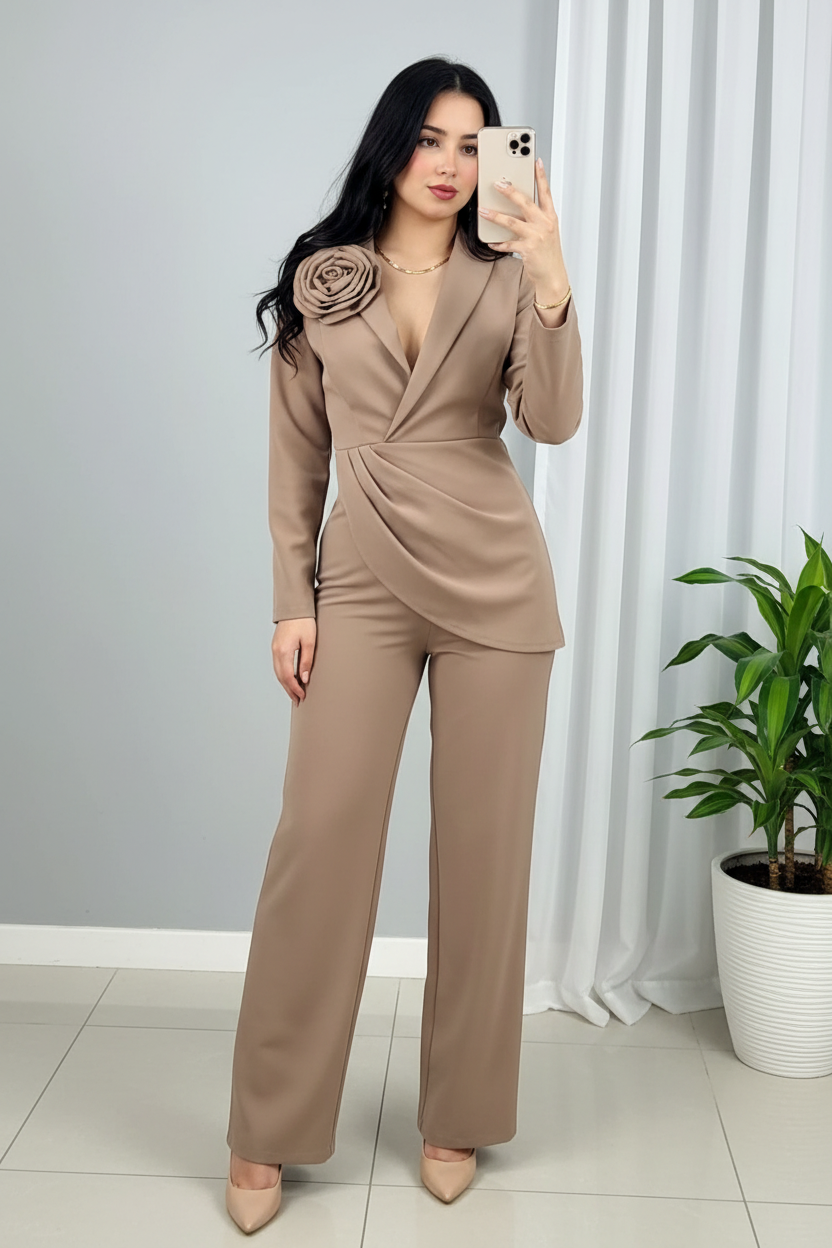 Conjunto Camel — Blazer Cruzado Drapeado Rosa 3D & Palazzo cod.0039
